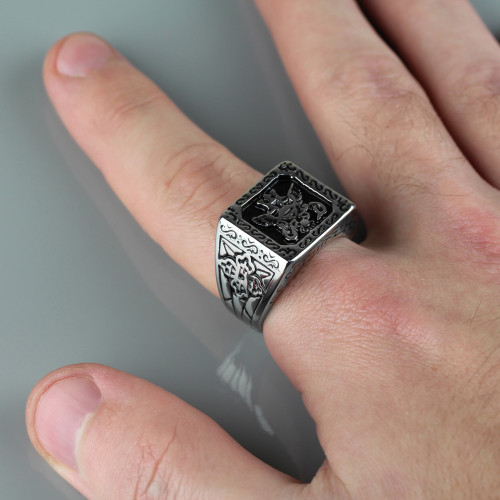 Мужской перстень из стали Spikes R-H2015 с изображением двуглавого орла
