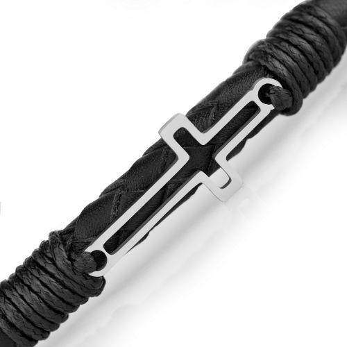 Мужской плетеный браслет из черной кожи Everiot Select LNS-5041 с крестом